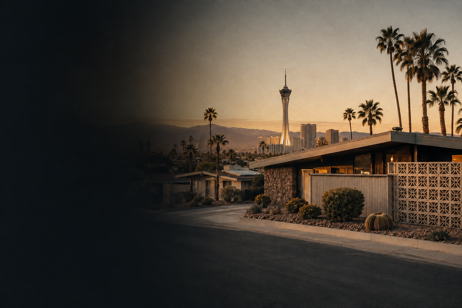 Mid-century homes in Las Vegas with the city skyline and STRAT in the distance