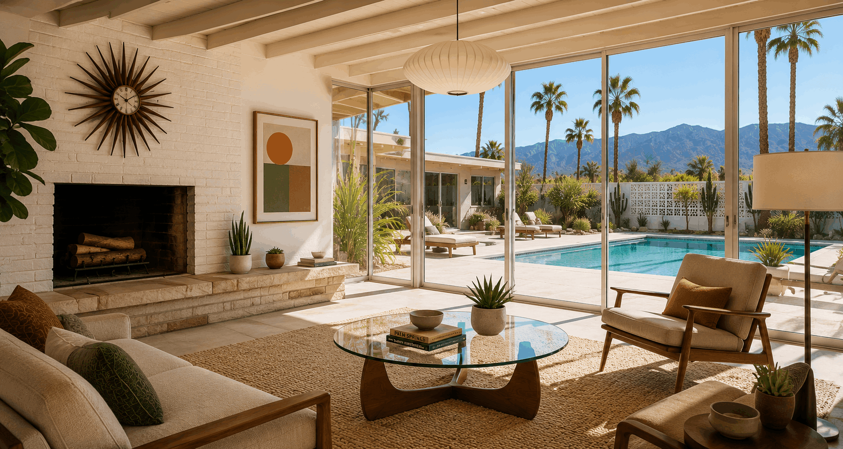 Mid-century modern Las Vegas living room with pool and mountain views