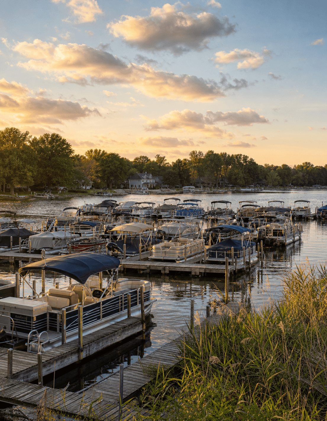Pontoon boats moored along wooden piers at a Fox Lake marina at golden hour