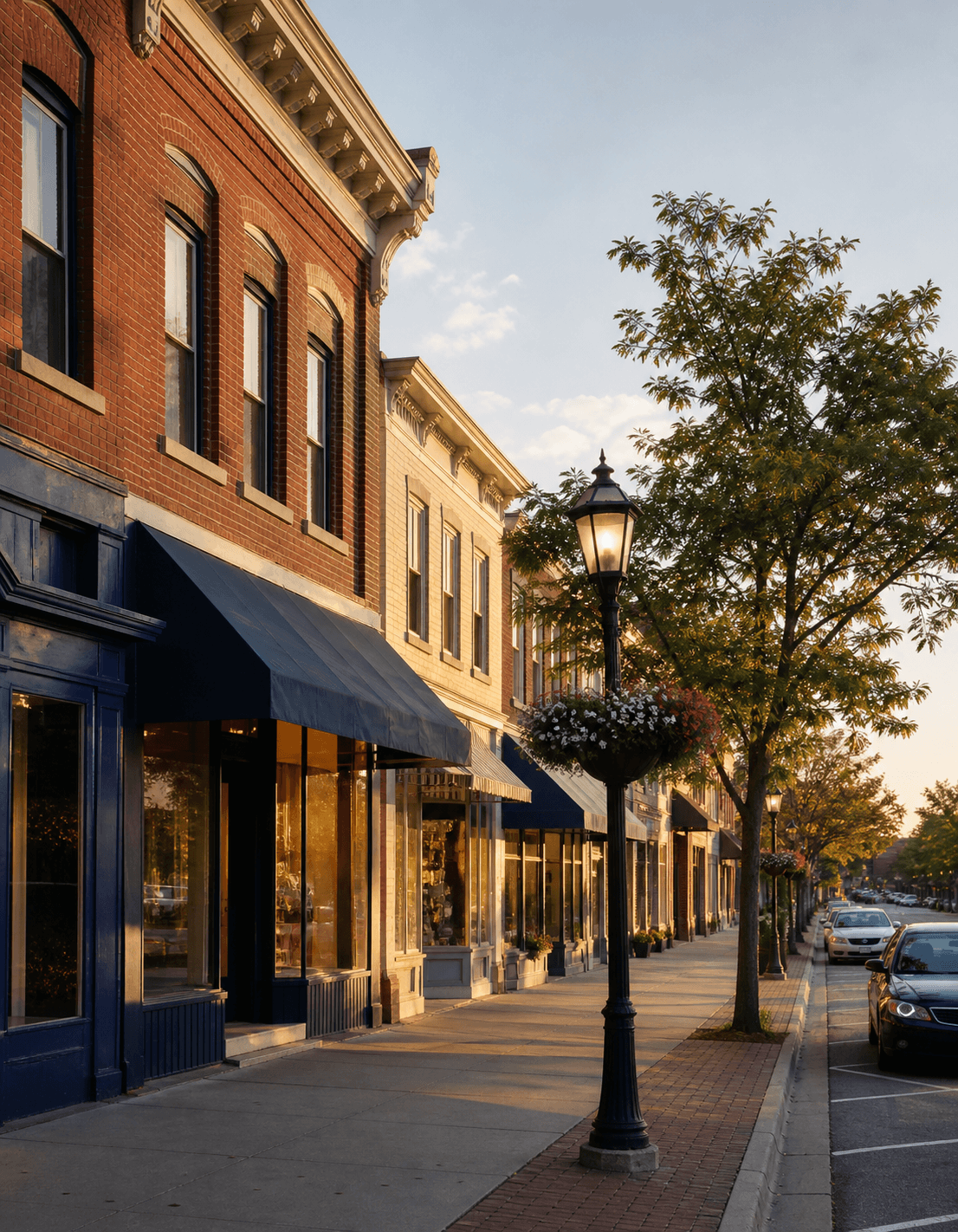 Historic brick main street storefronts in Antioch, Illinois in evening light