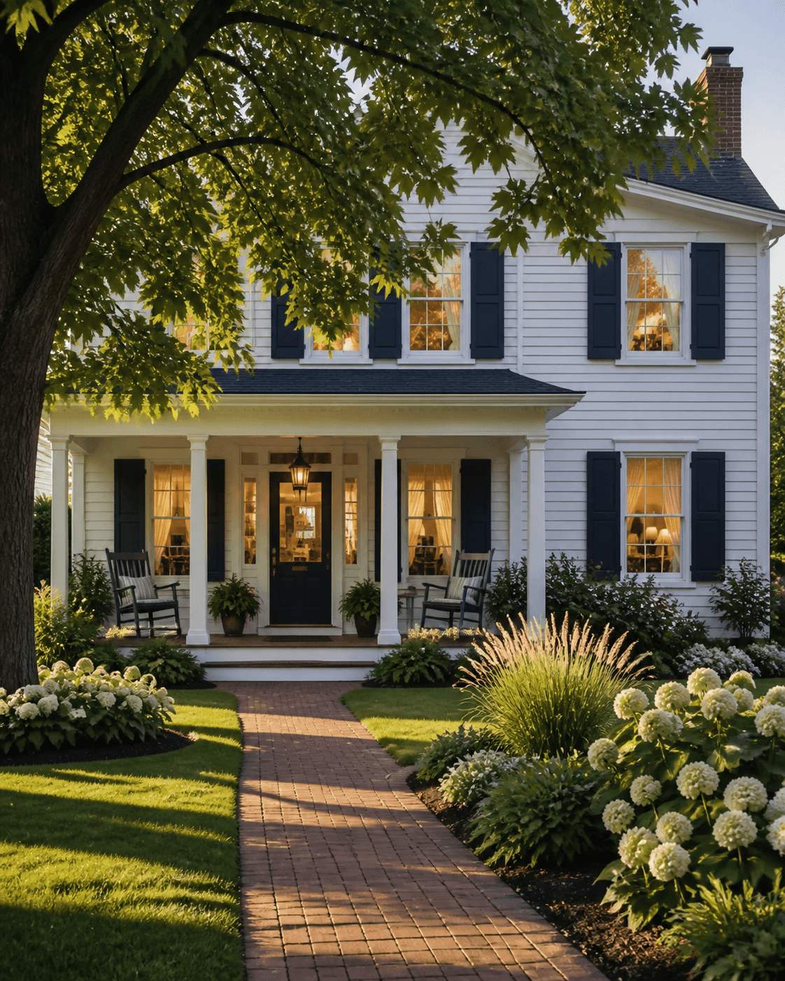 A white clapboard Midwest home with a covered front porch, photographed in golden morning light