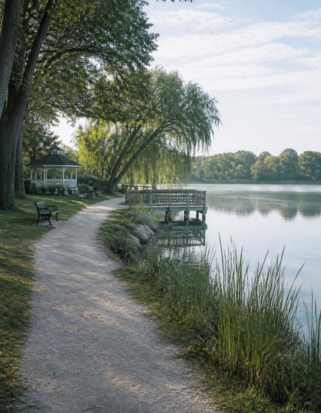 A lakeside walking path, gazebo and fishing pier in a village park in Lake Villa, Illinois