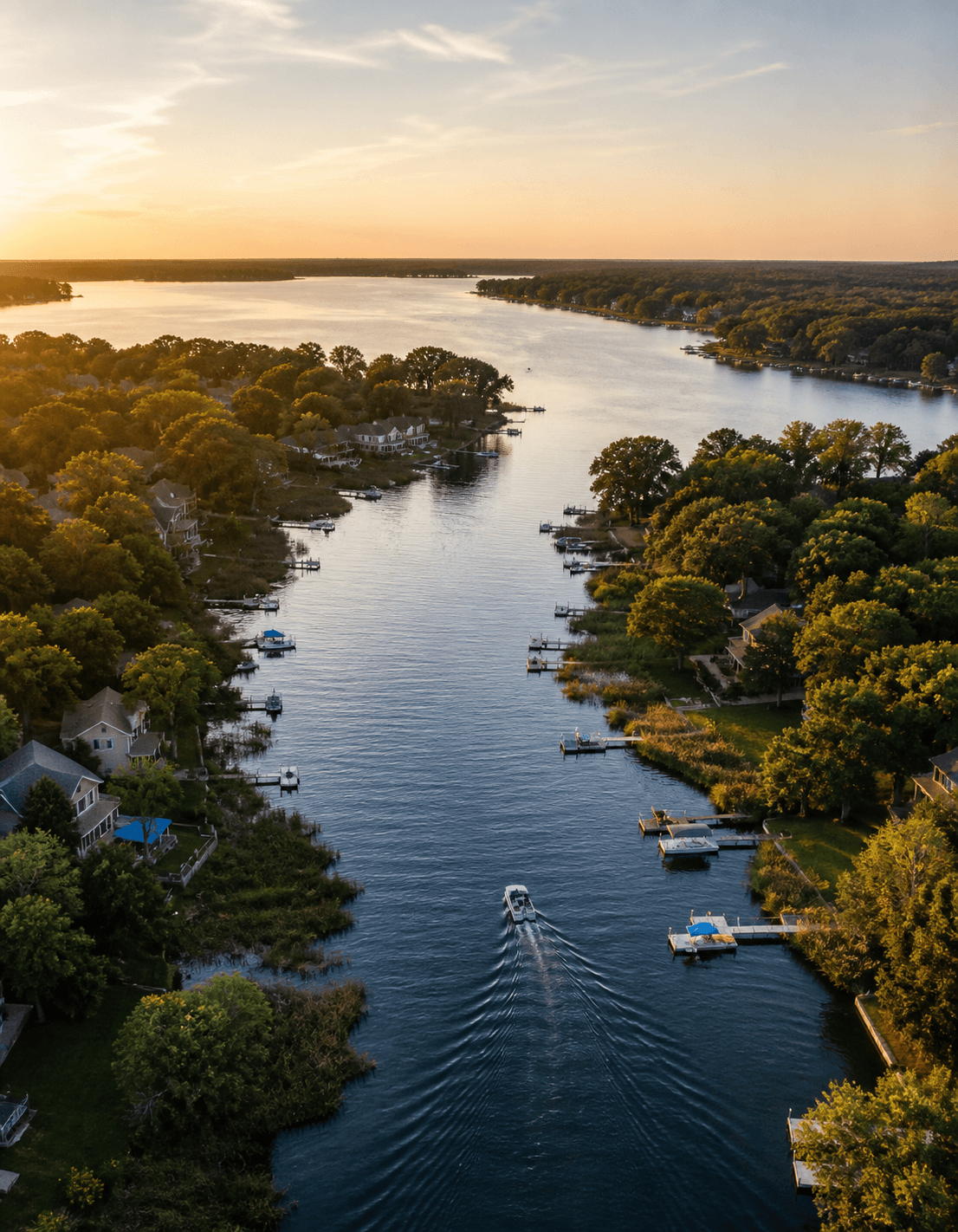 Aerial view at sunset of waterfront homes with private docks along a Chain O'Lakes channel near Johnsburg