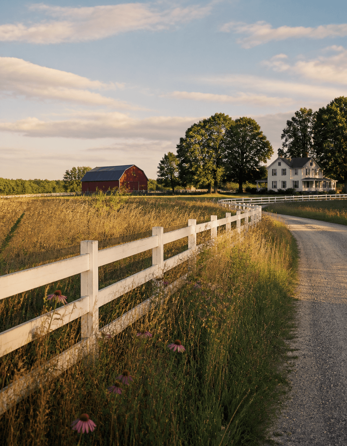 A white board fence, prairie wildflowers and a red barn along a country lane near Spring Grove, Illinois