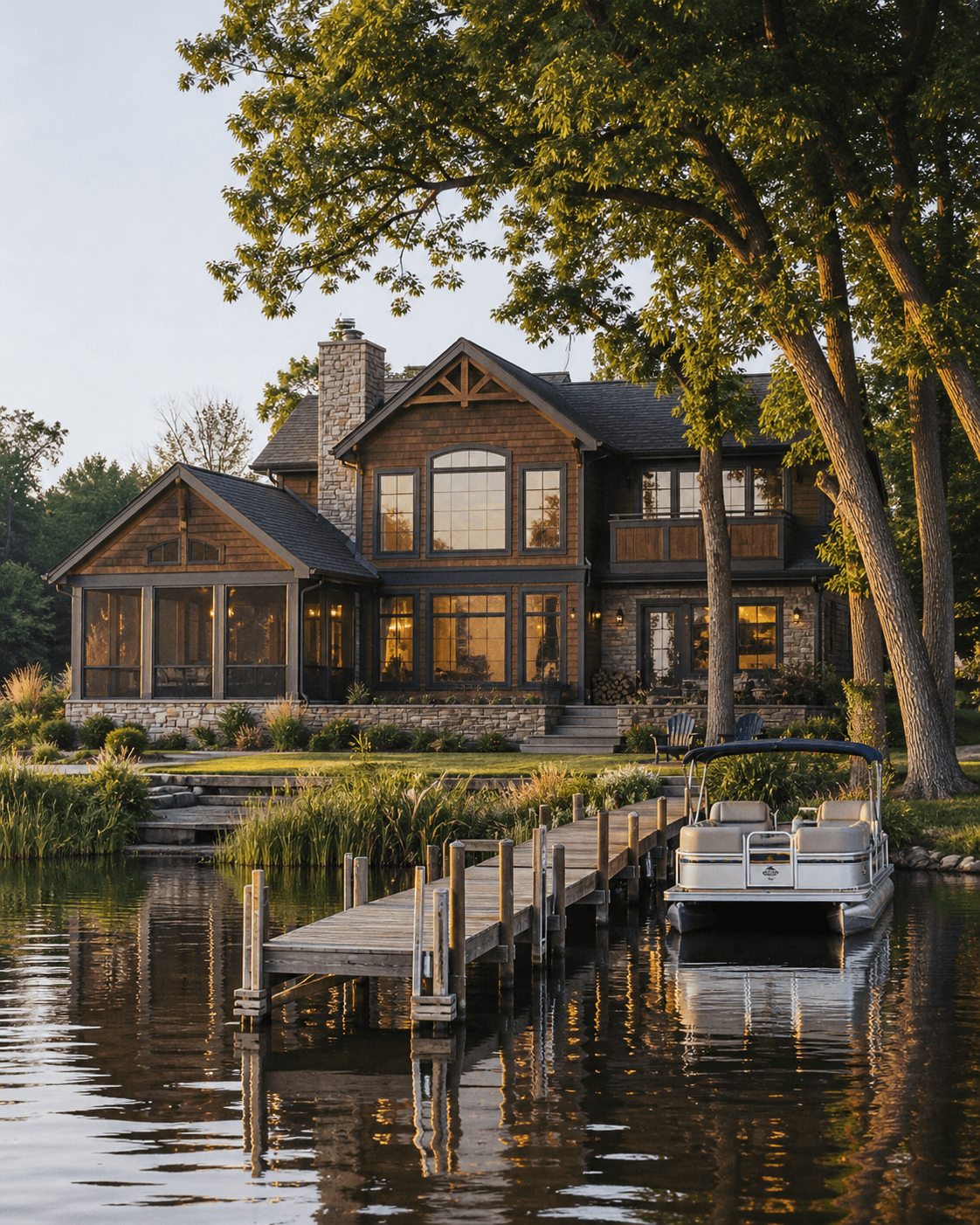 A cedar and stone lakefront home with a private dock and pontoon boat on the Chain O'Lakes