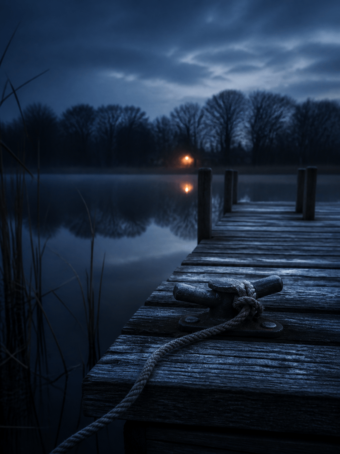 A weathered wooden dock with a mooring cleat and rope on the Chain O'Lakes at blue hour