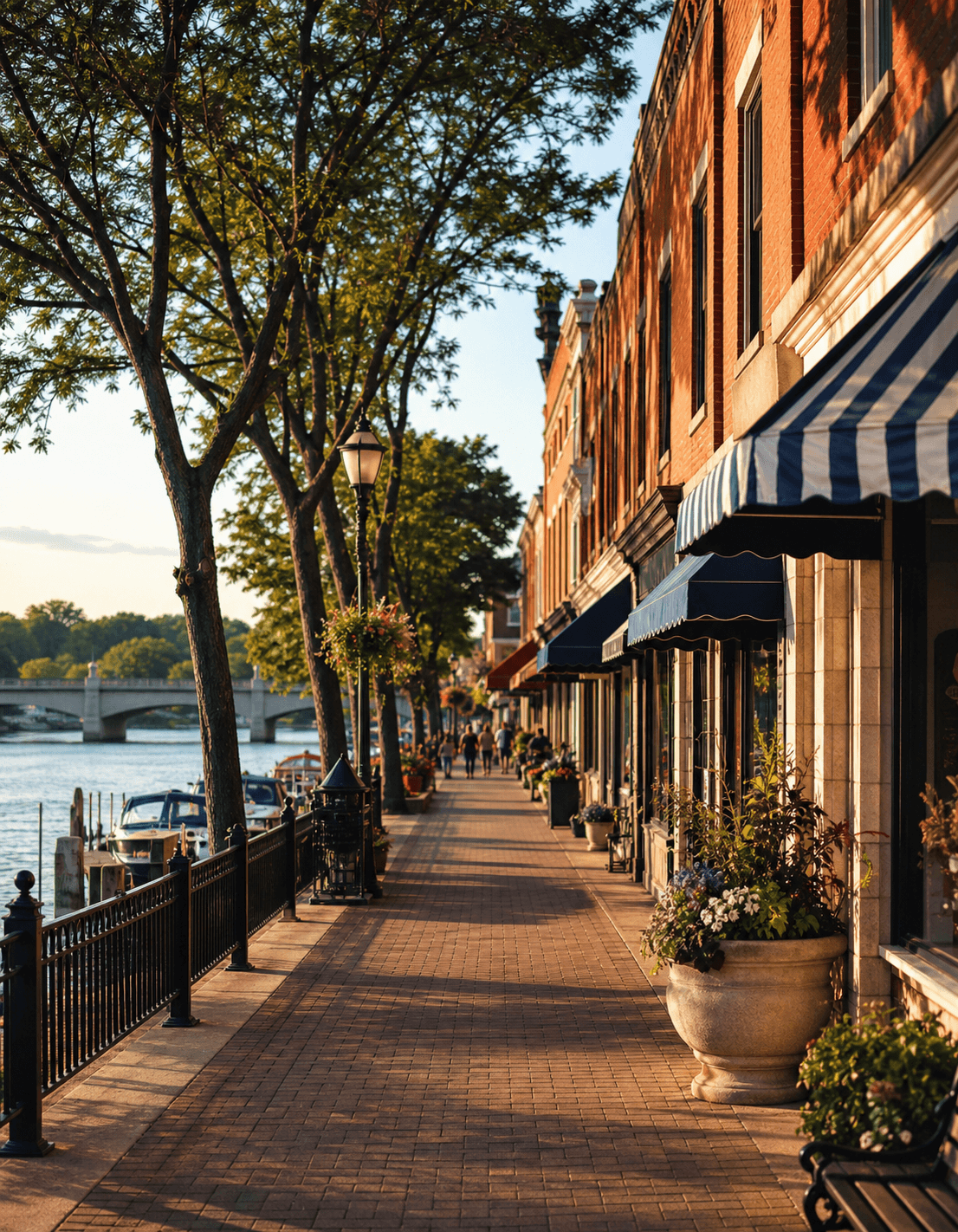 Brick storefronts and a riverwalk along the Fox River in downtown McHenry, Illinois