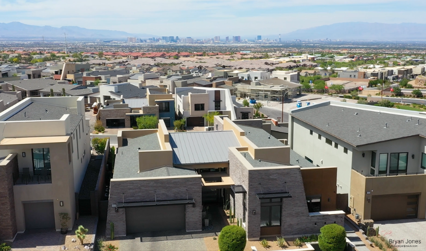 Henderson NV aerial neighborhood modern homes Las Vegas Strip view Nevada relocation Bryan Jones REALTOR