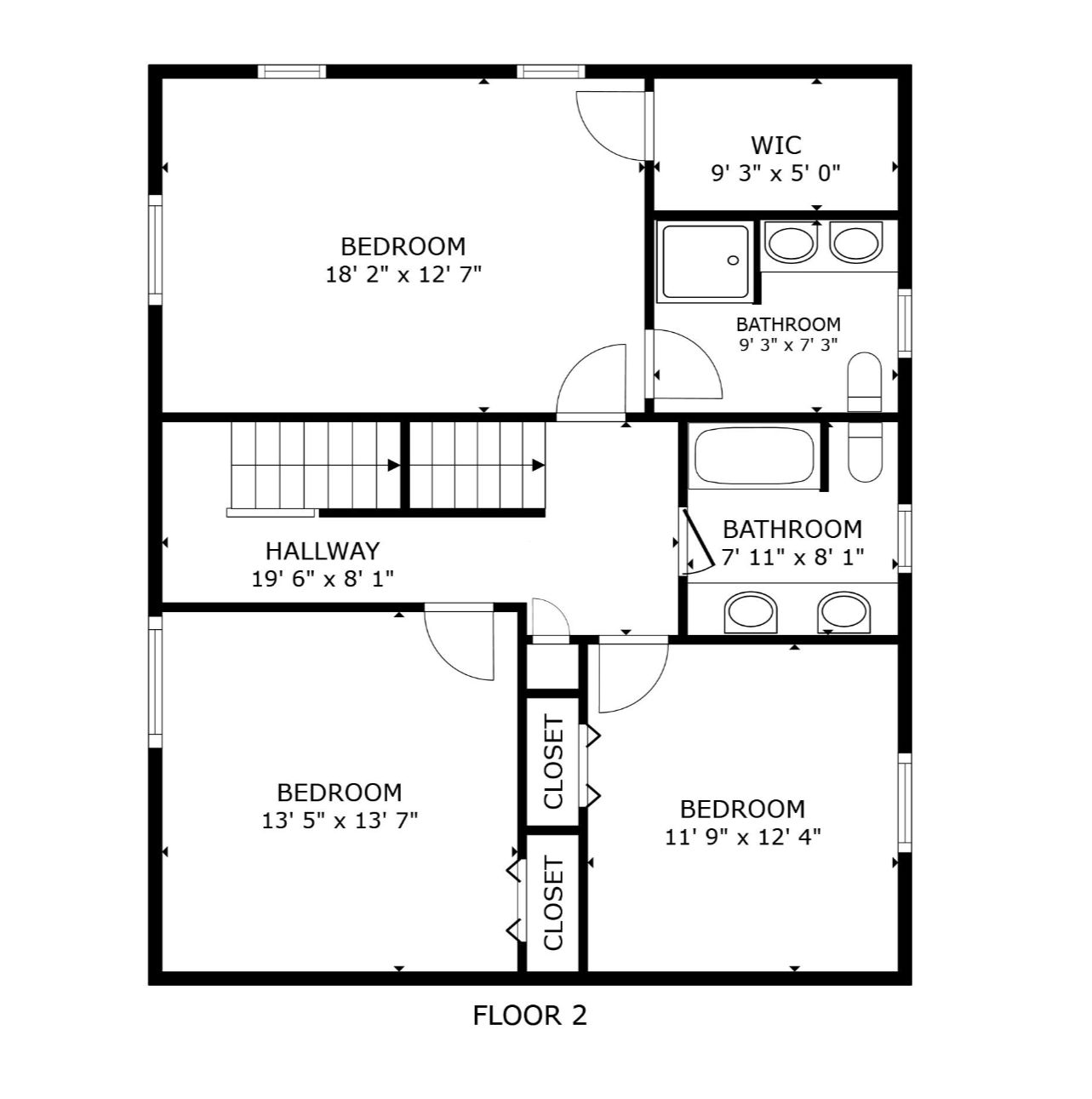 Floor 2 plan — three bedrooms, two full bathrooms, walk-in closet, hallway