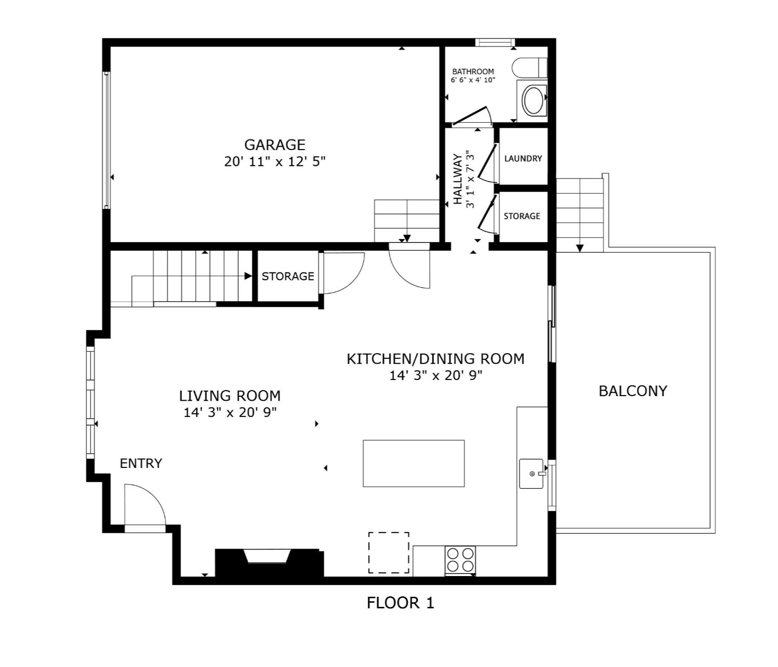 Floor 1 plan — open living, kitchen/dining, garage, balcony, bathroom, laundry