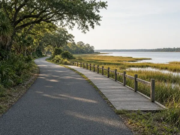 Paved trail winding under live oaks and Spanish moss in a coastal Florida park.