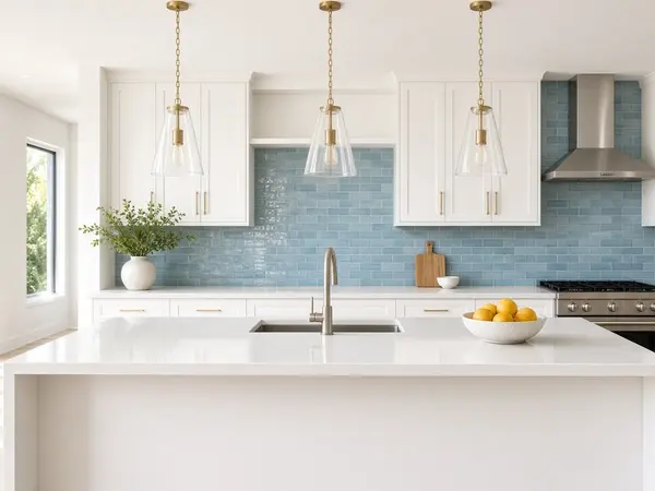 Newly built coastal kitchen with white cabinets, a quartz island, brass pendant lights, and a blue tile backsplash.