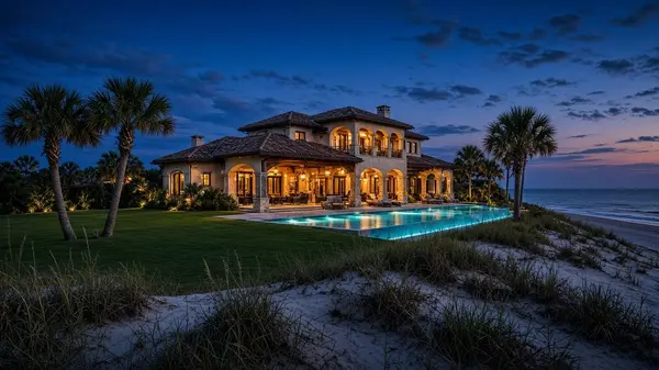 Oceanfront luxury home at dusk