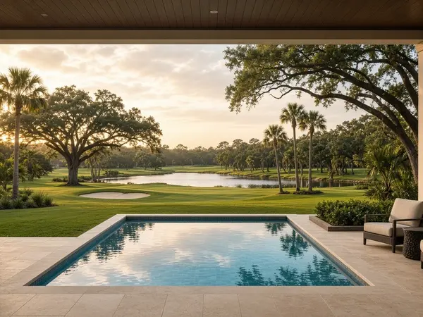 Covered pool lanai of a luxury home overlooking a golf fairway, lake, and live oaks at golden hour.
