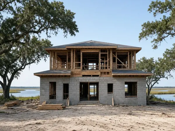 Coastal custom home under construction beside a salt marsh, framed with concrete block and wood beneath live oaks.
