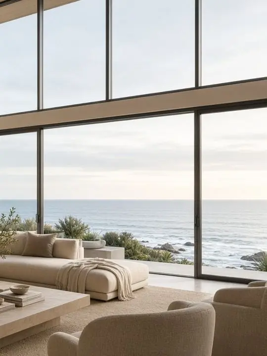 Double-height coastal living room with floor-to-ceiling windows overlooking the ocean.