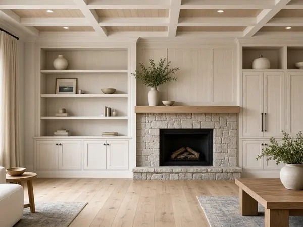 Custom white oak built-ins, coffered ceiling, and a stone fireplace in a luxury coastal home.