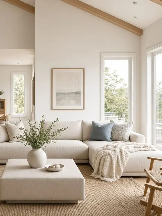 Bright, newly finished coastal great room with white oak floors, vaulted ceiling, and tall windows.