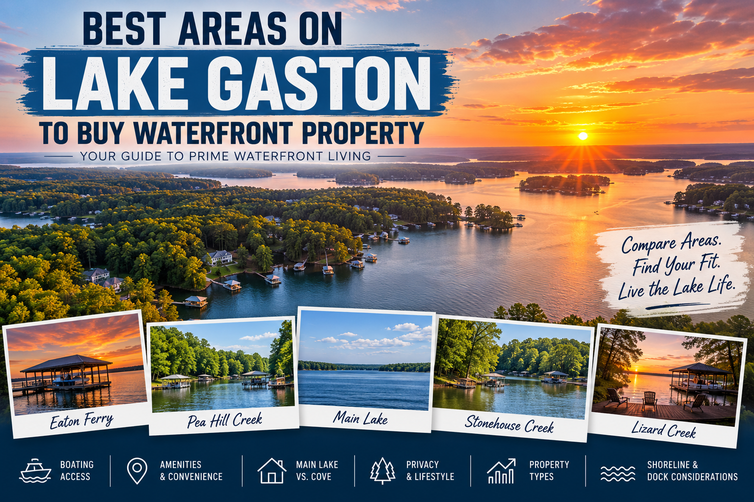Best areas on Lake Gaston to buy waterfront property with coves, docks, and lake homes