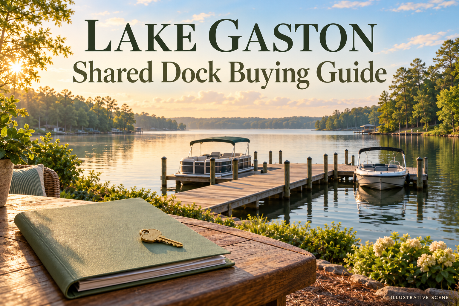 Lake Gaston shared dock buying guide with an illustrative lakeside dock and two boats