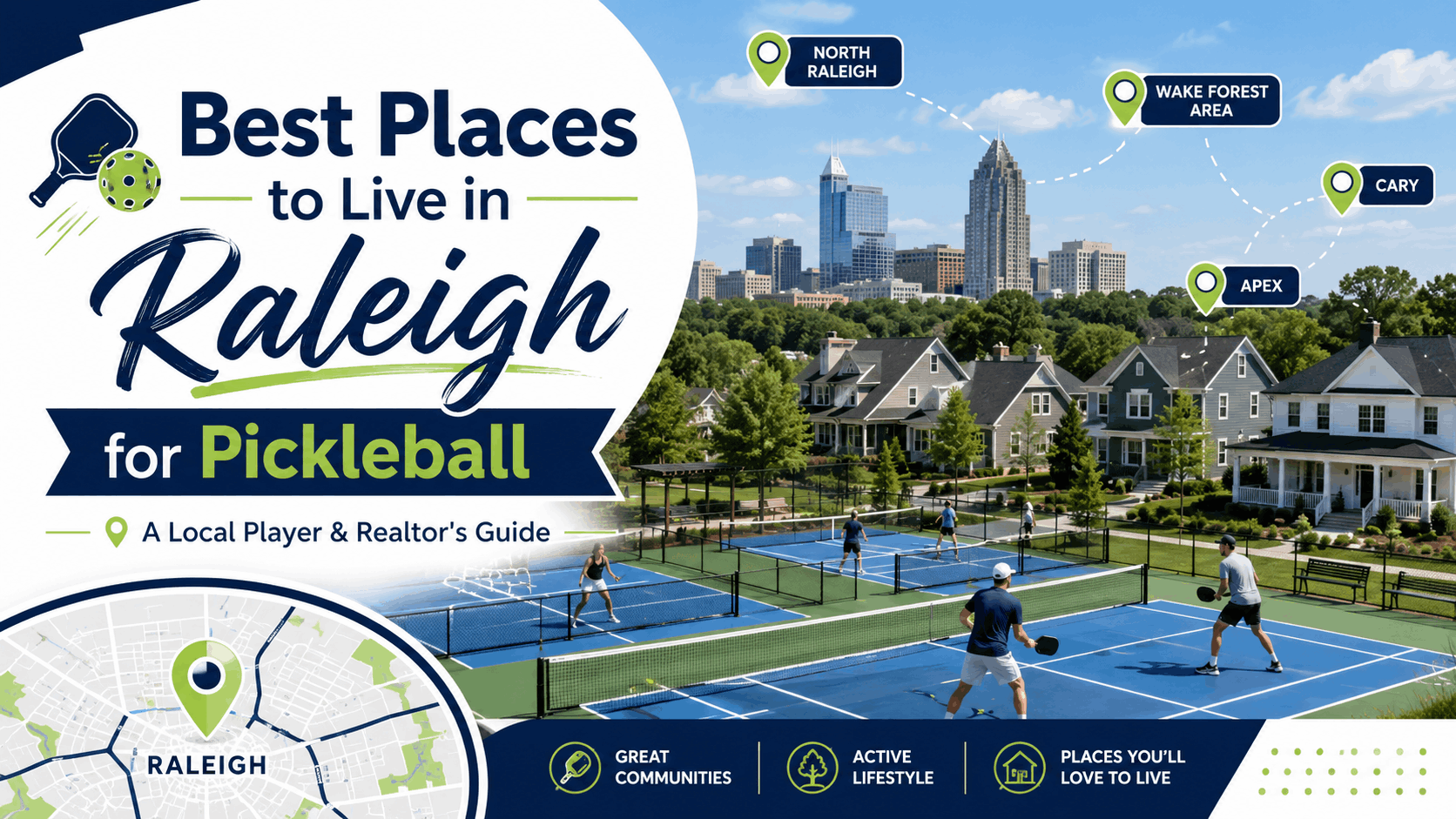 Raleigh-area neighborhoods and pickleball courts featured in a guide to the best places to live for pickleball players