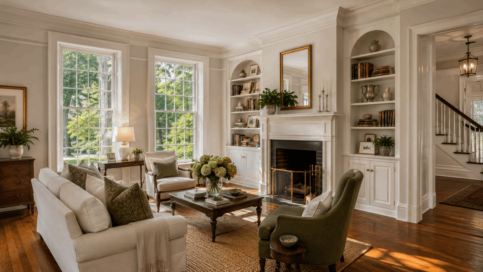 Elegant living room in a historic Forest Park home with tall windows, original hardwood floors, built-in bookshelves, detailed millwork, and a traditional fireplace.