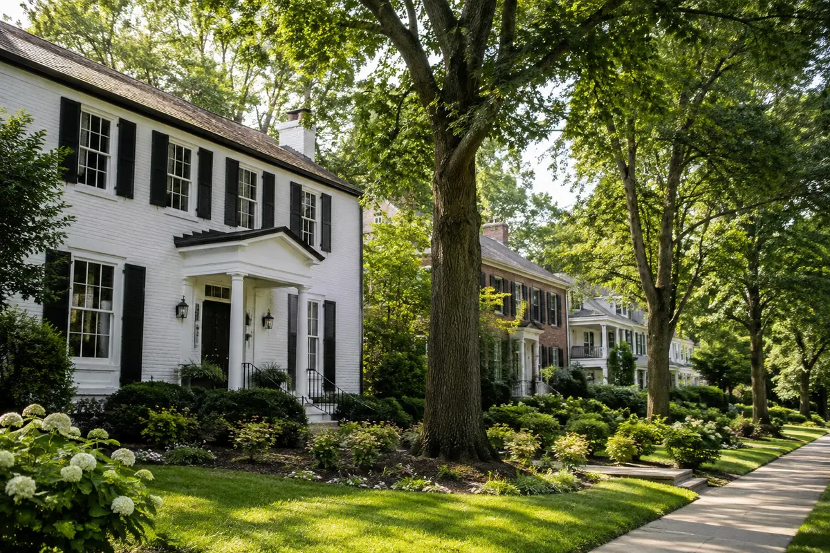 Tree-lined Forest Park street in Raleigh with historic white and red-brick homes, black shutters, mature landscaping, and a shaded sidewalk.