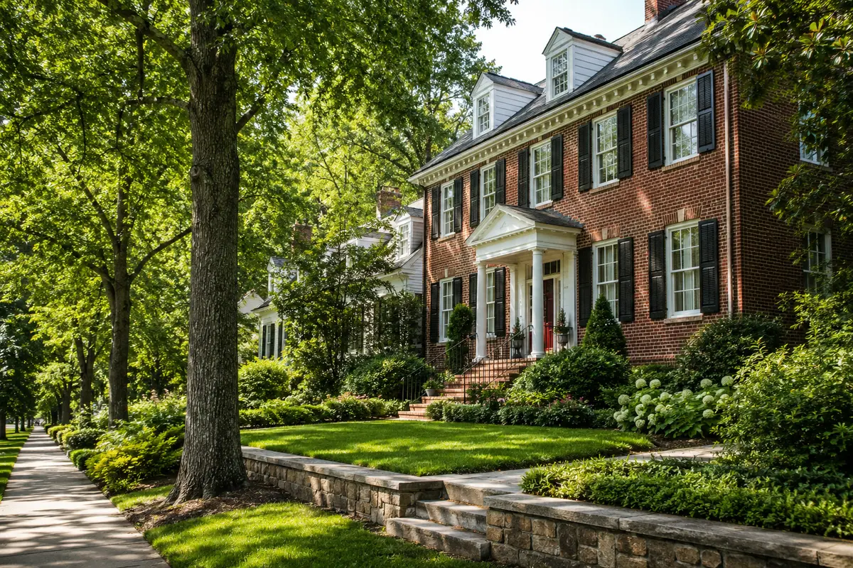Historic red-brick home with black shutters on a tree-lined street in Forest Park, Raleigh, NC