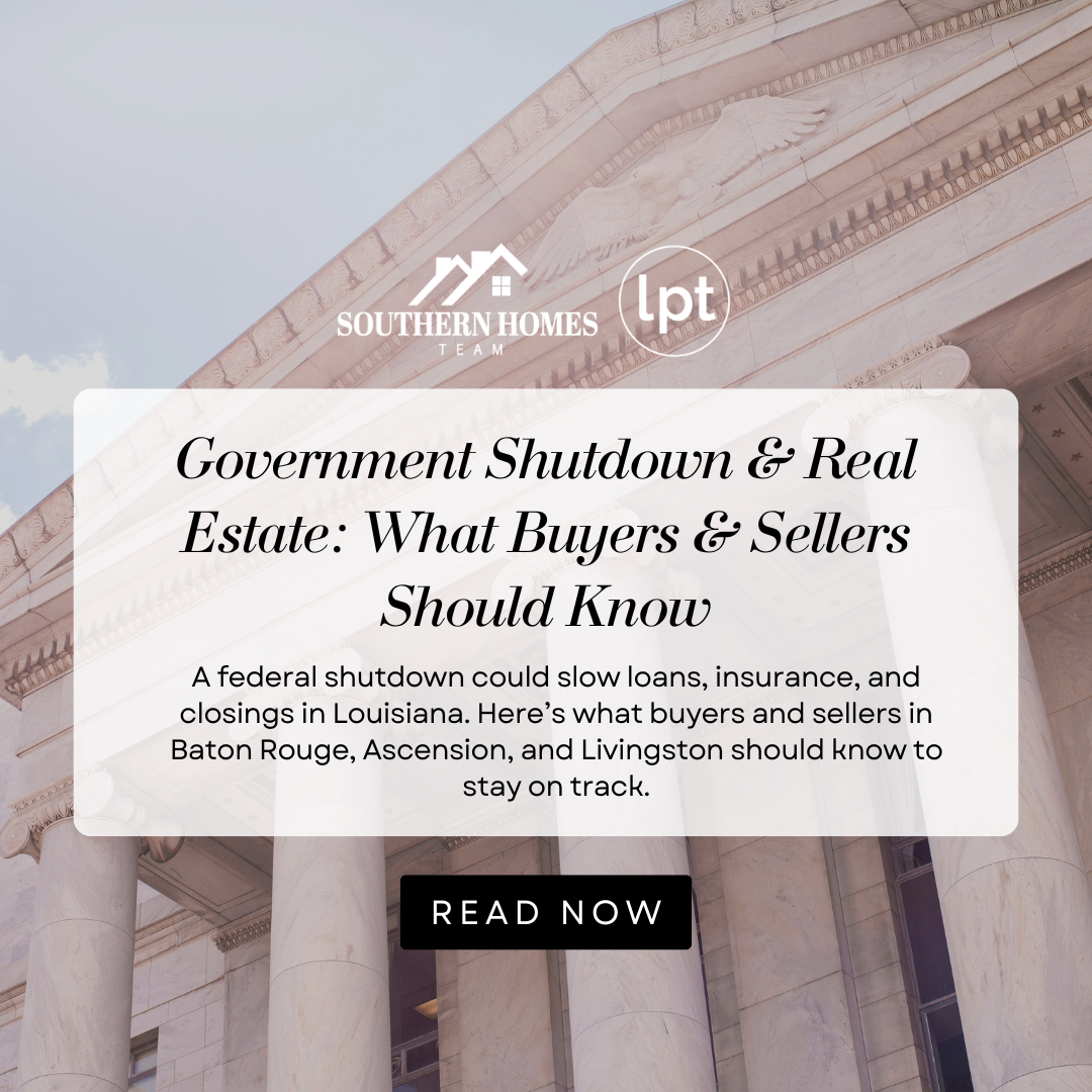 Louisiana home with for sale sign – real estate closing delays during federal government shutdown
