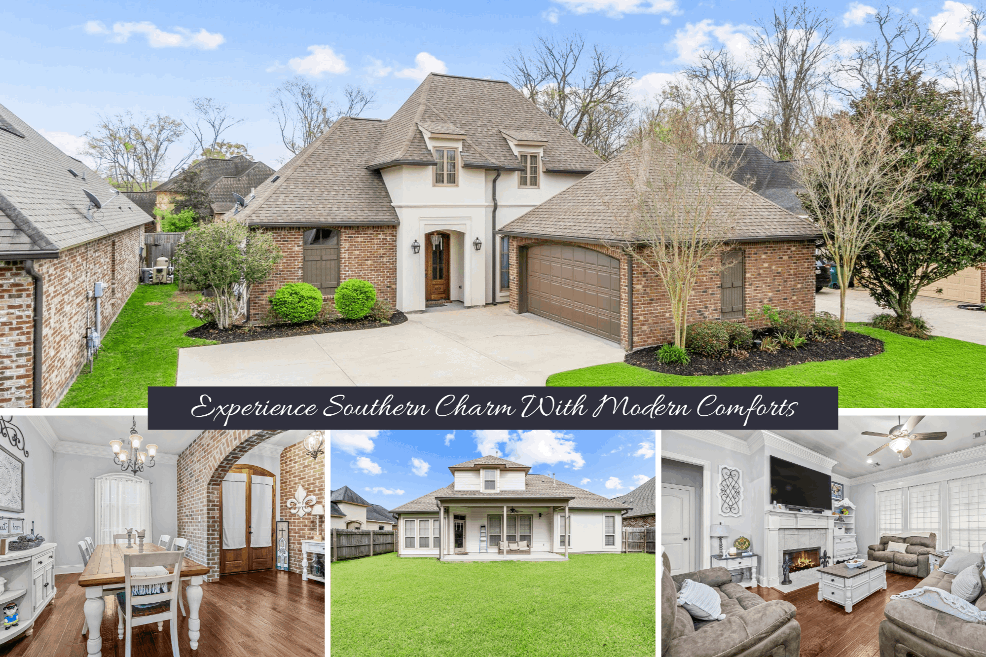 Front exterior of 415 Clock Tower Dr in St. Gabriel Louisiana with brick entryway and landscaped yard