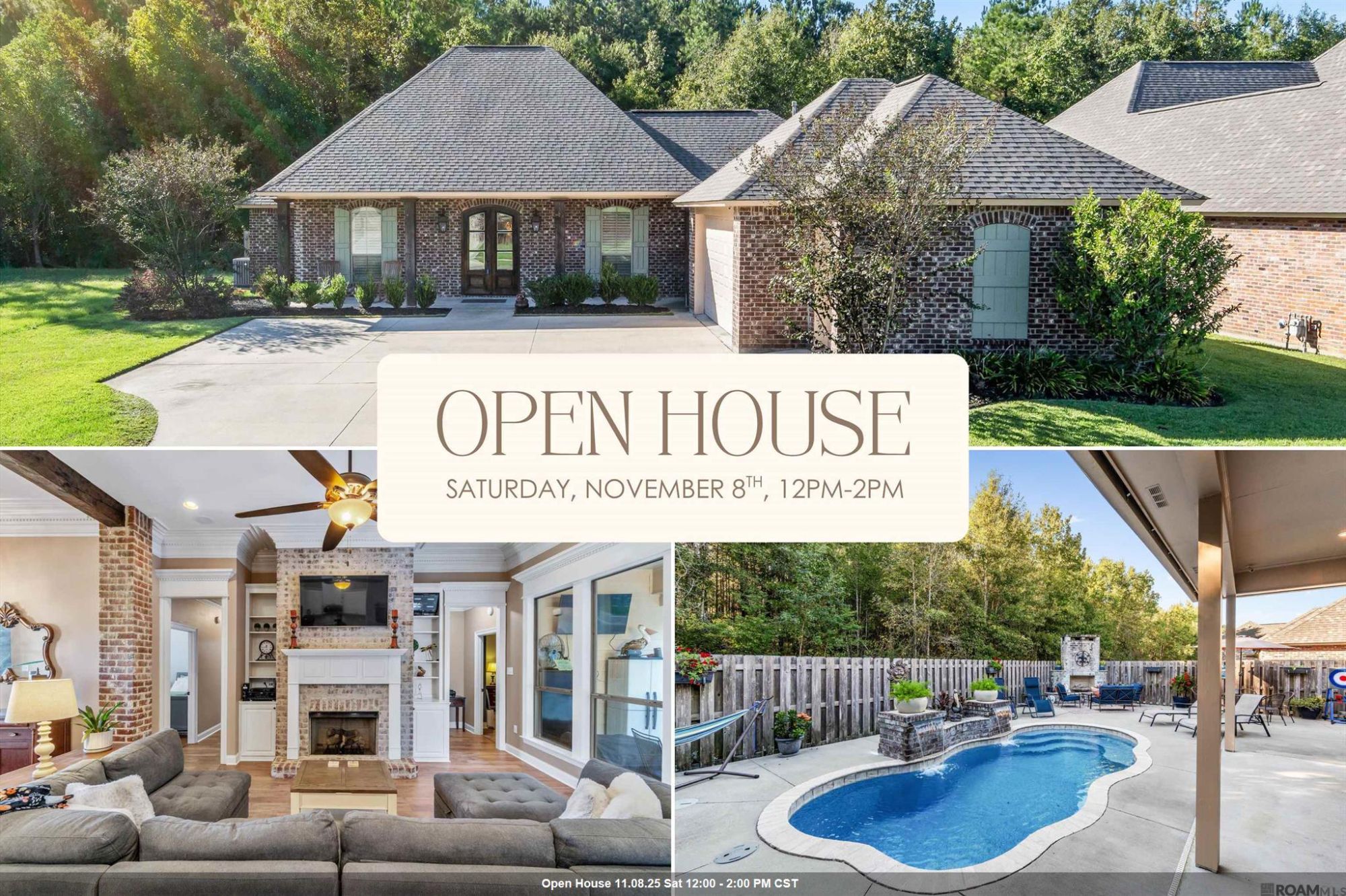 Front exterior of 30939 Ridgeway Dr in Walker Louisiana with brick façade and backyard pool