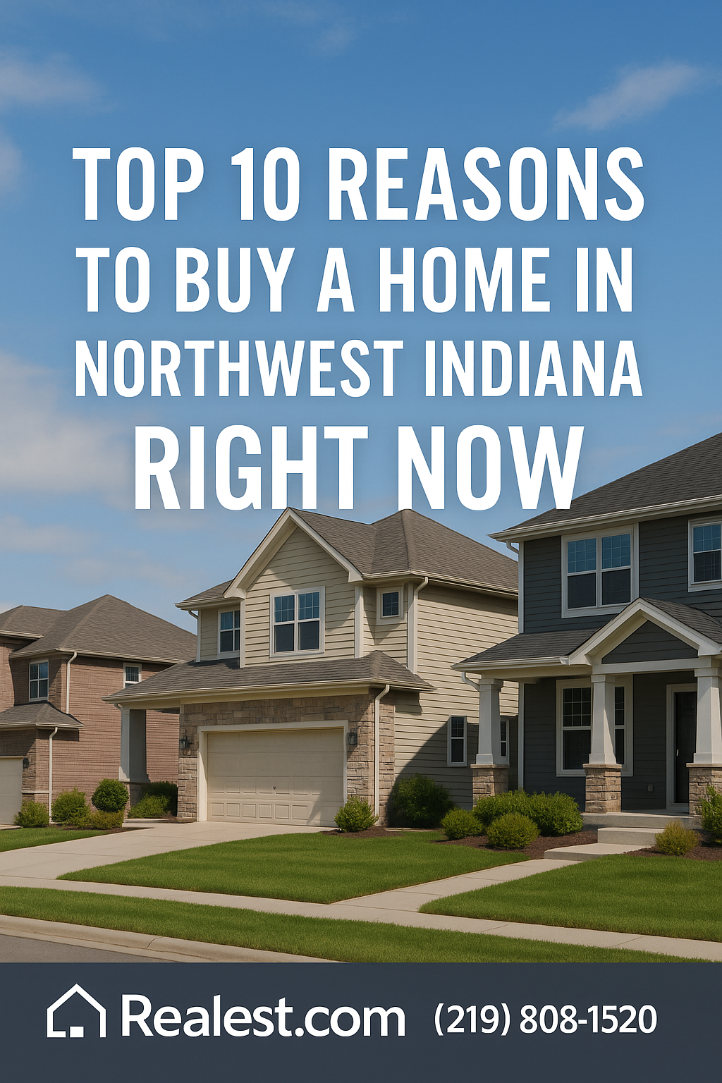 Northwest Indiana suburban homes under a blue sky with Realest.com branding
