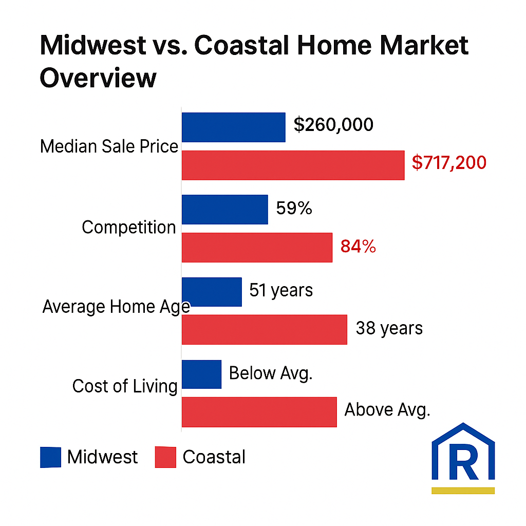 Simple comparative graphic showing Midwest vs coastal affordability