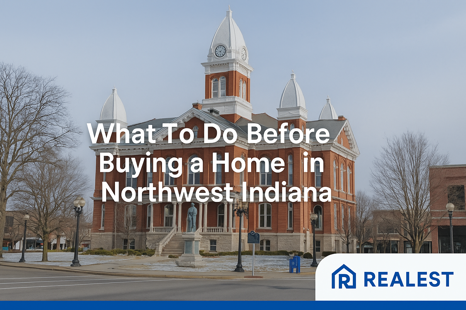 Northwest Indiana buyer guide banner by Realest showing Crown Point courthouse square