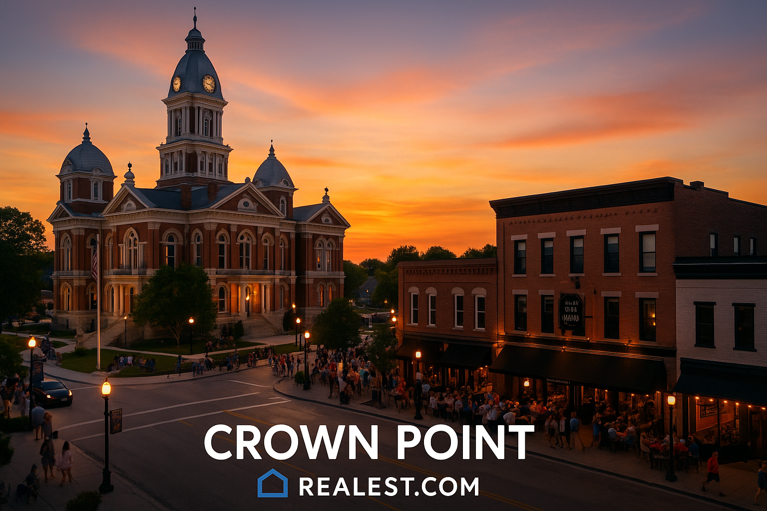Downtown Crown Point courthouse and shops at sunset