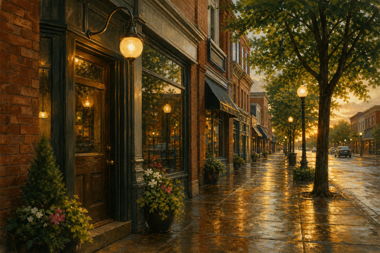 Golden-hour downtown street near the shop on South Main