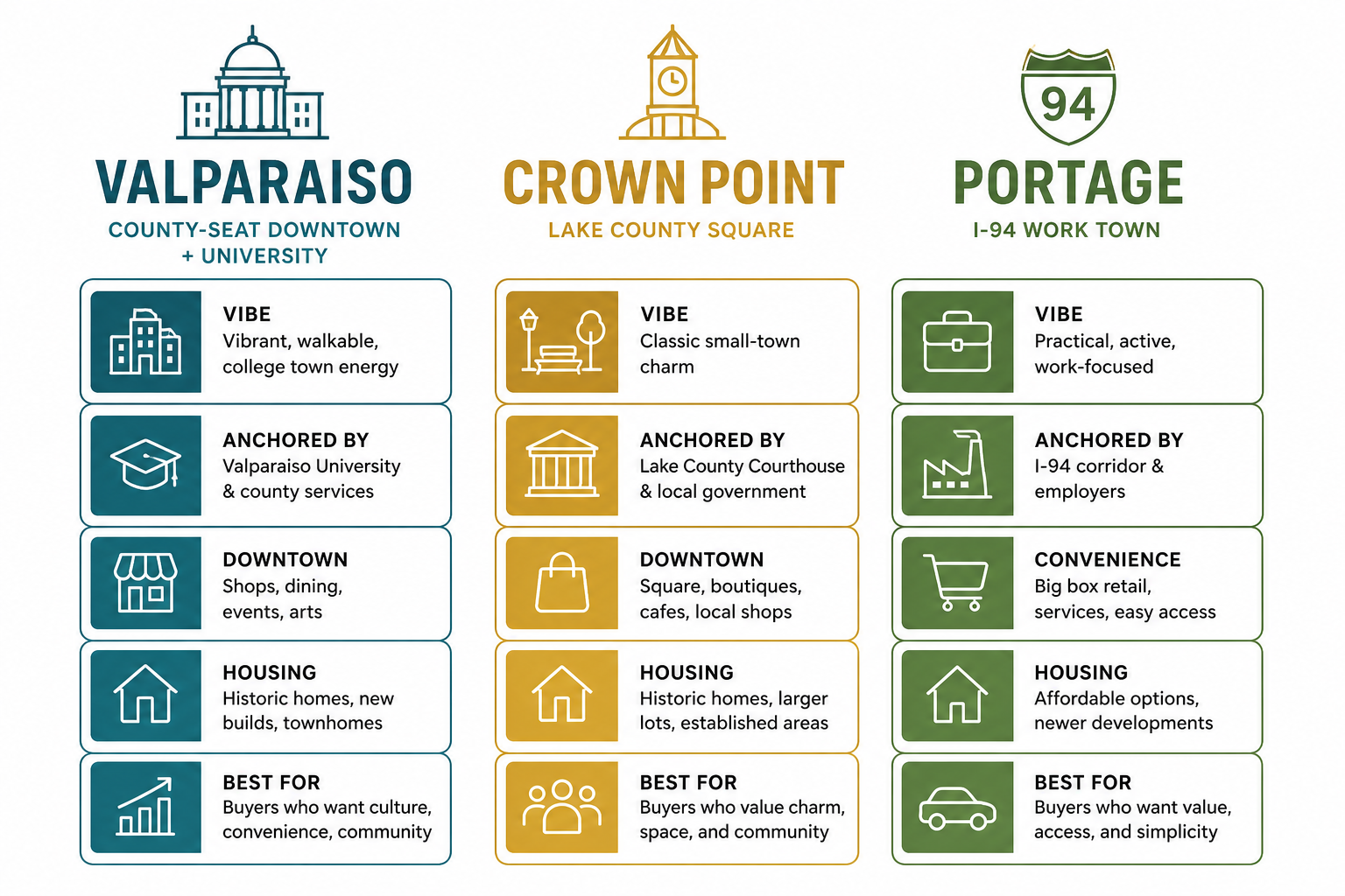 Valparaiso compared with Crown Point and Portage: county-seat downtown plus university, Lake County square, I-94 work town