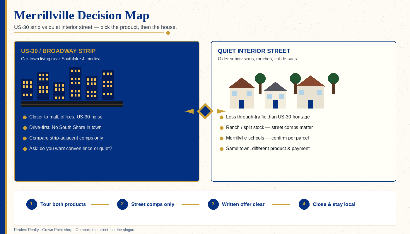Merrillville decision map: US-30 strip versus quiet interior street, then street comps, offer, close