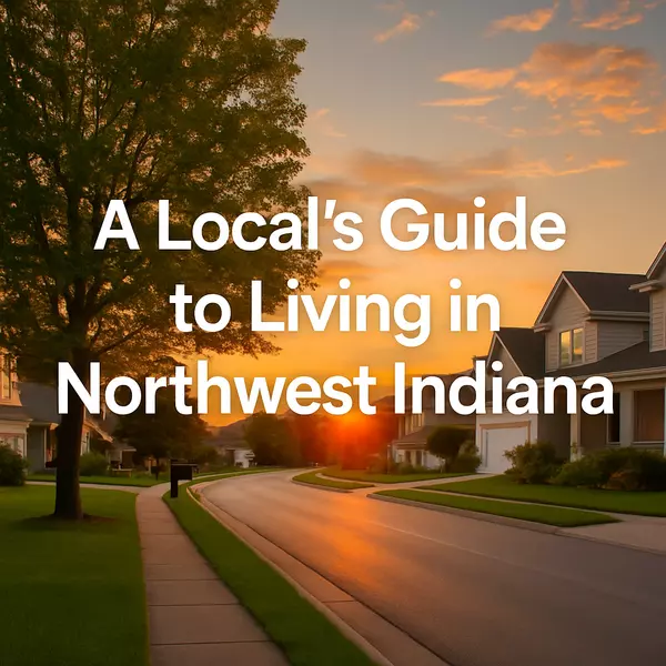 Northwest Indiana neighborhood street with homes and trees at sunset, representing Lake and Porter County lifestyle