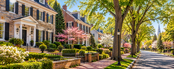 Springtime Colonial Street with Church Steeple