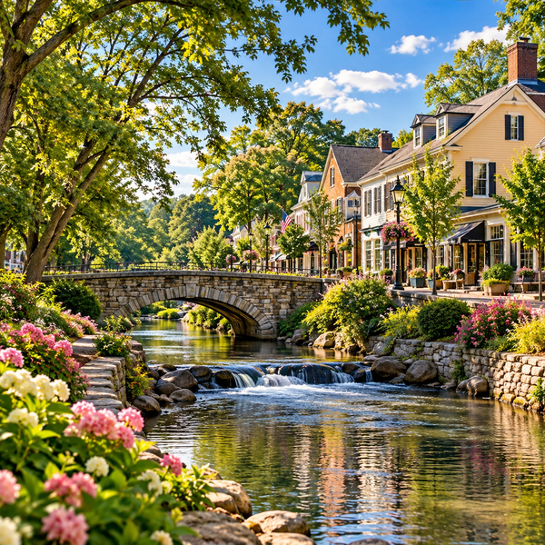 Idyllic Village Riverwalk and Stone Bridge