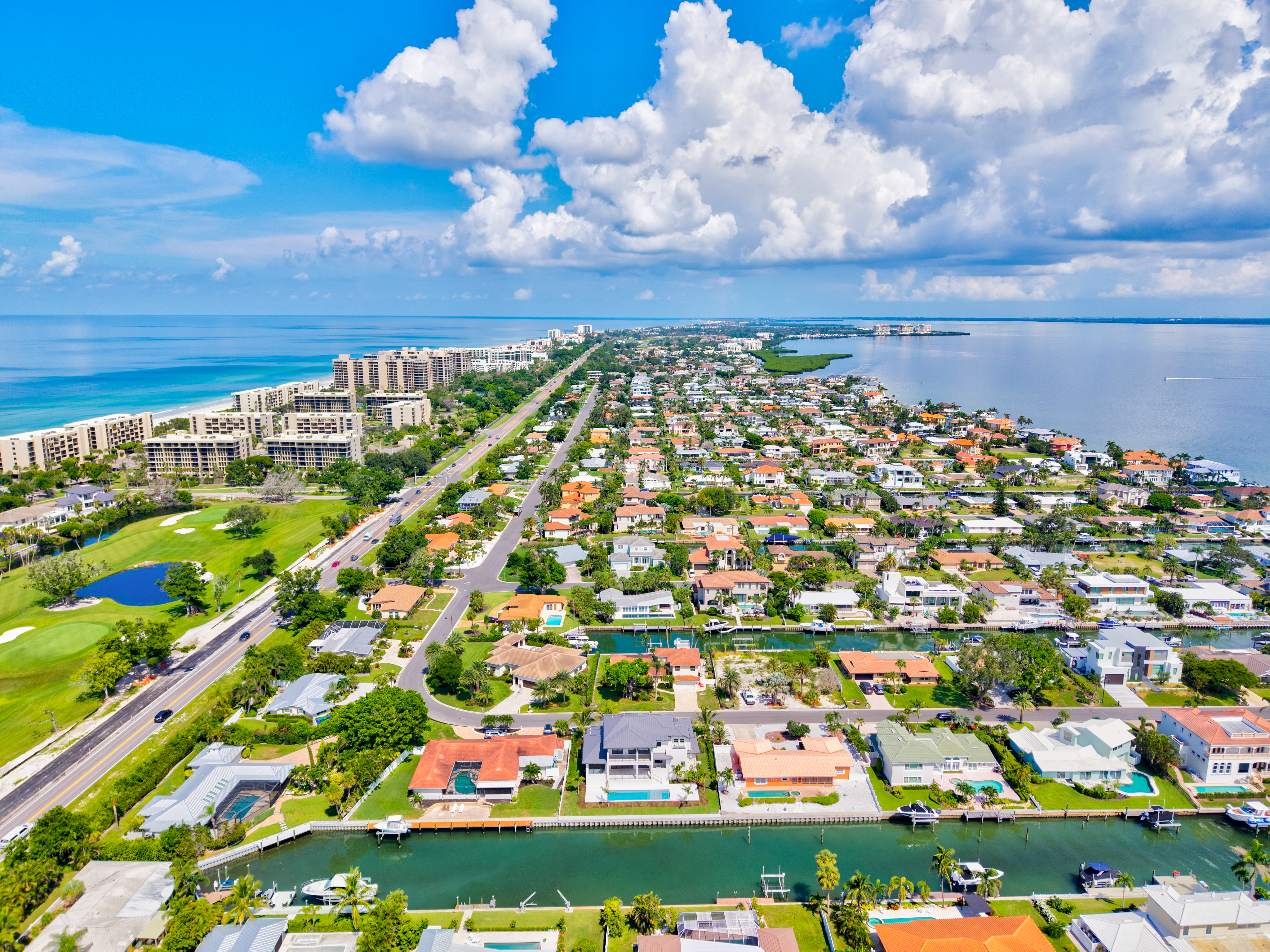Aerial view of Longboat Key's coastal neighborhoods and waterways
