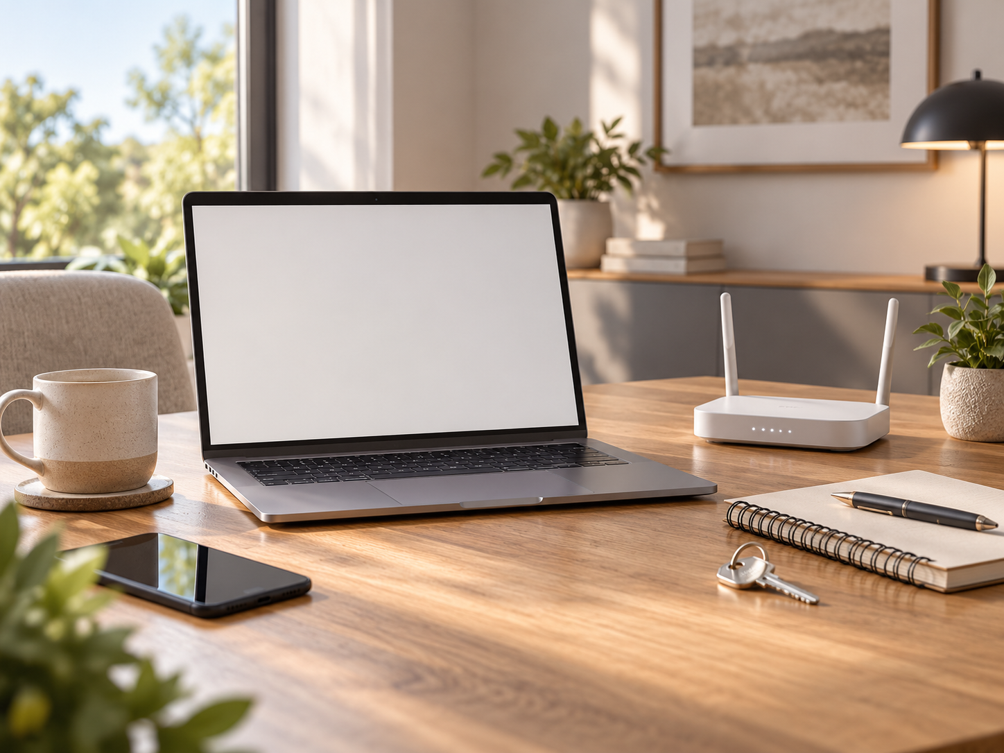Conceptual home workspace with laptop, Wi-Fi router and property keys