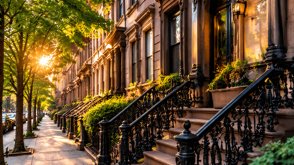 New York brownstone homes on a tree-lined street at golden hour