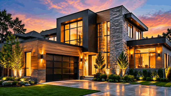 Modern luxury New York home with contemporary architecture at sunset
