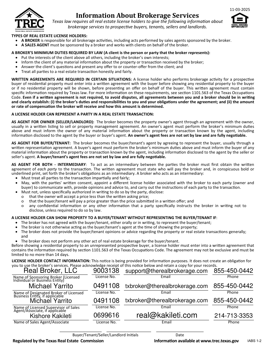 TREC Information About Brokerage Services - Real Broker, LLC / Kishore Kakileti