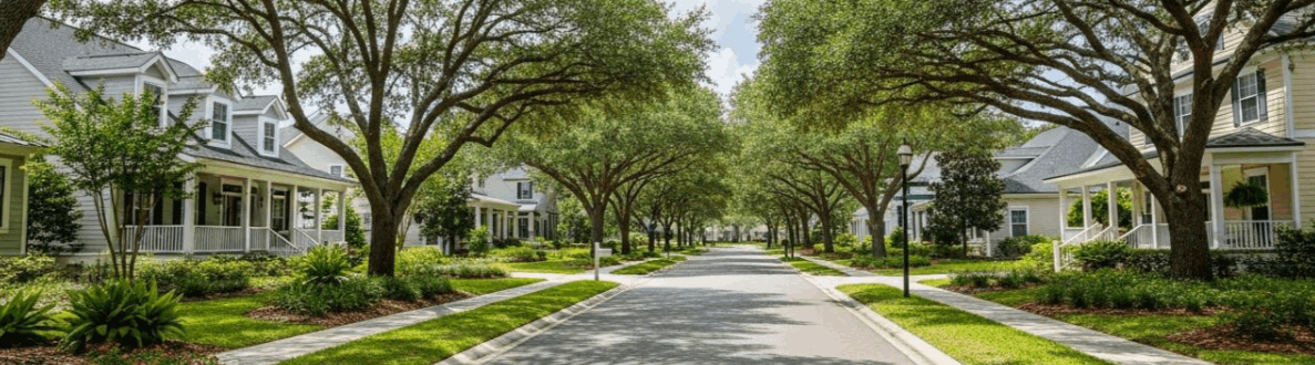 Oak-lined street in Haile Plantation Gainesville FL on a Saturday morning
