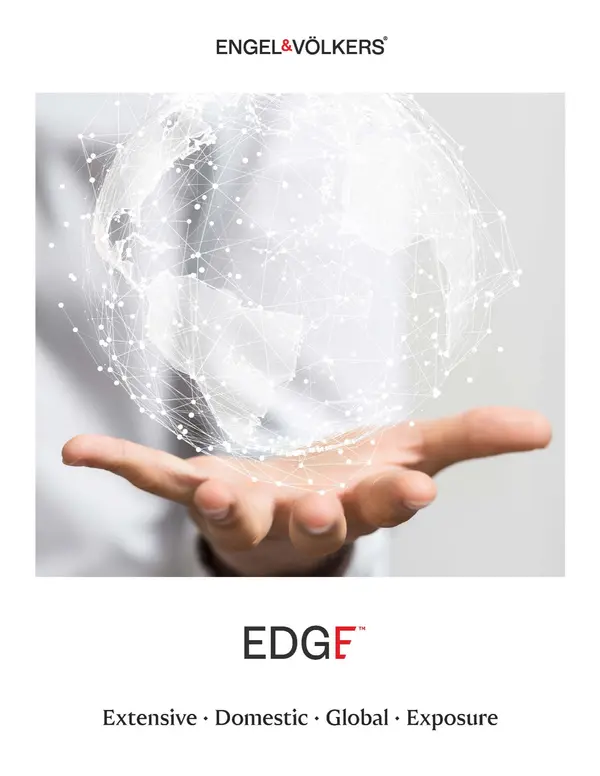 The Edge brochure cover "Extensive, Domestic, Global, Expertise" a hand holding a white digital globe
