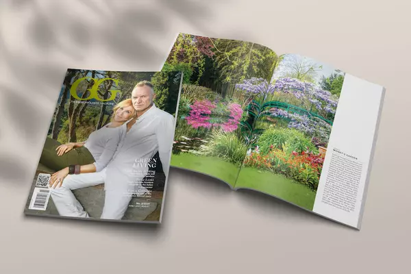 GG Magazine by Engel & Völkers featuring Sting and Trudie Styler on the cover, with interior pages highlighting Monet’s Garden and luxury outdoor living inspiration.