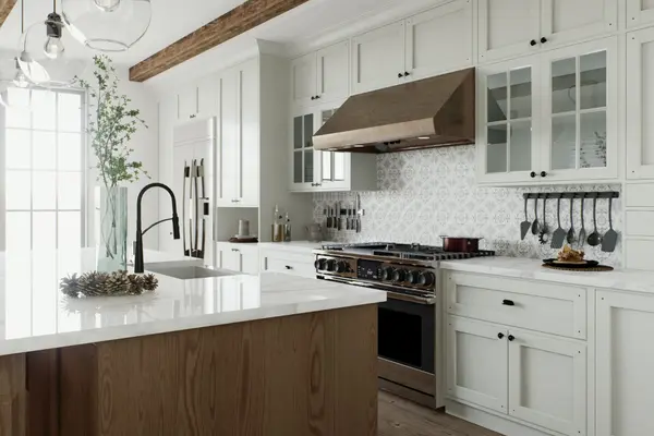 Traditional large L-shaped kitchen with large island and kitchen appliances.